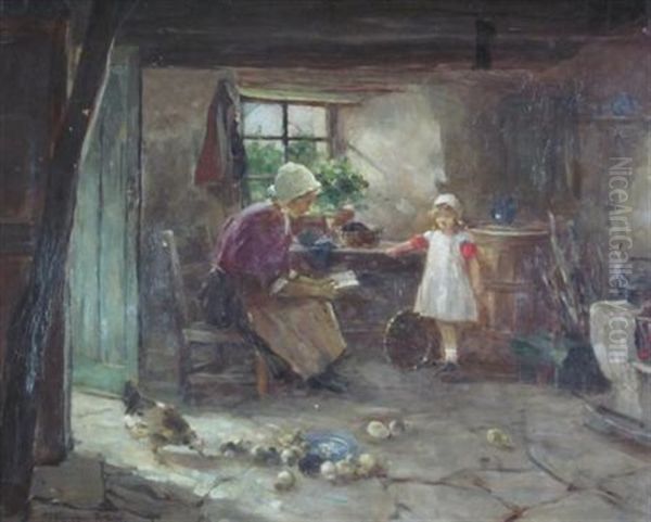 Farmhouse Interior With Chicks Feeding Oil Painting by David Fulton