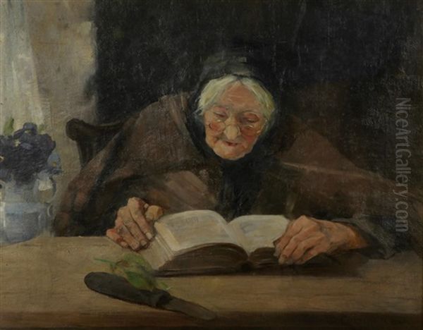 Elderly Woman Reading Oil Painting by David Fulton