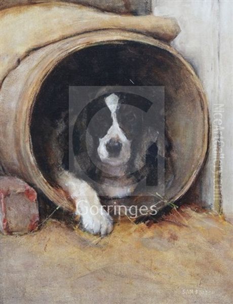 Dog In A Barrel Kennel Oil Painting by Samuel Fulton