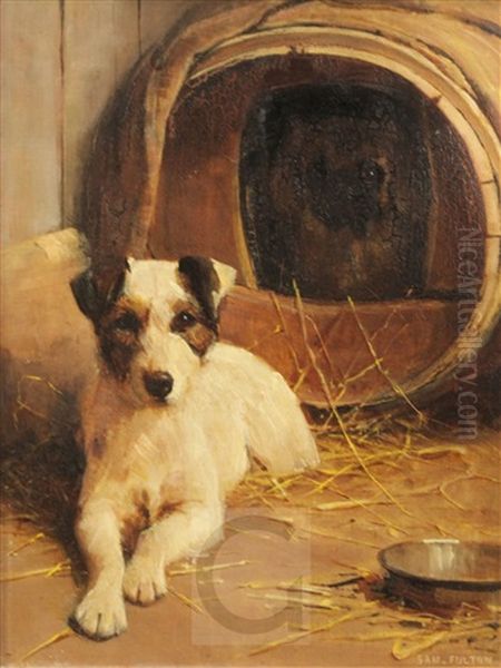 Portrait Of A Terrier Seated Beside A Barrel Oil Painting by Samuel Fulton