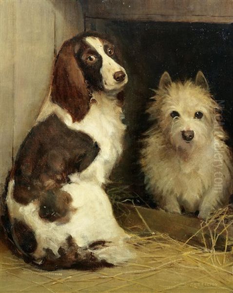 Spaniel And Terrier In A Kennel Oil Painting by Samuel Fulton