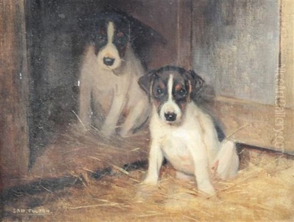 Puppies In A Kennel Oil Painting by Samuel Fulton