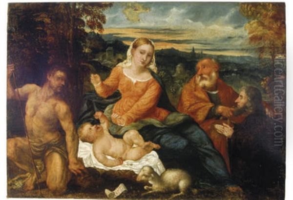 The Virgin And Child With St. John The Baptist And A Donor In A Landscape Oil Painting by Ludovico Fumicelli