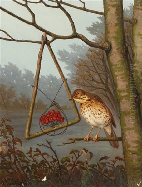 A Thrush Near A Trap Oil Painting by Herman Friedrich Funch