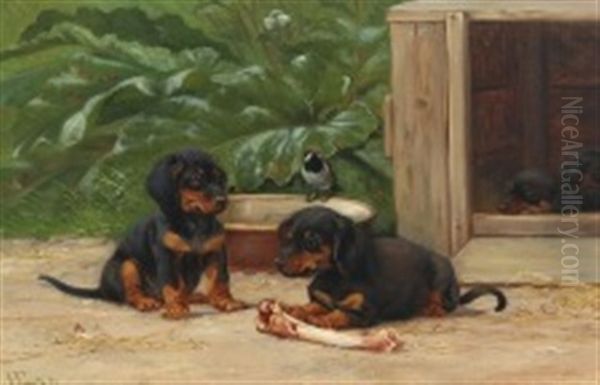 Dachshund Puppies Oil Painting by Herman Friedrich Funch