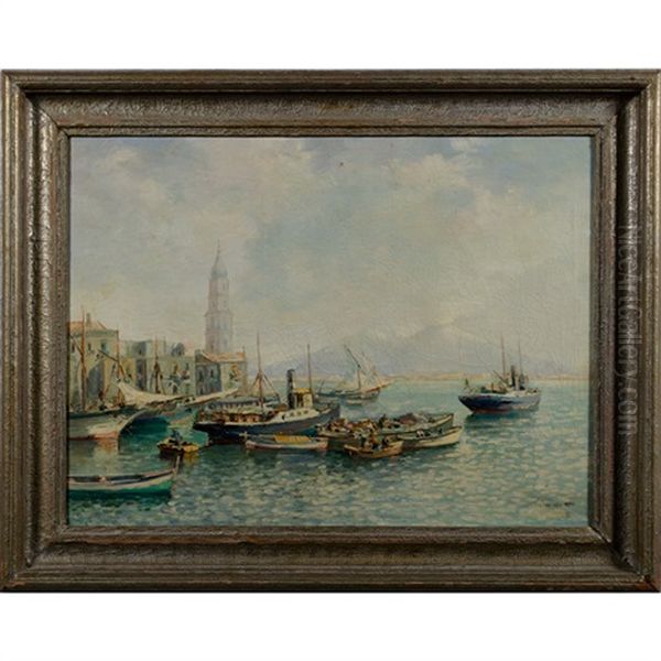 Naples Harbor Scene Oil Painting by Vincenzo Funiciello