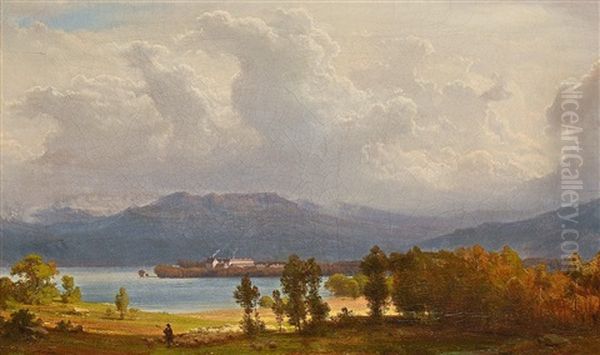 Chiemseelandschaft, Am Ufer Ein Schafer Mit Seiner Herde Oil Painting by Heinrich Funk