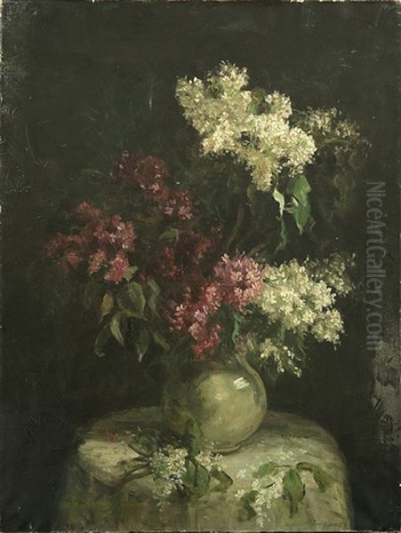 Still Life Of Flowers In A Green Vase Oil Painting by Albert Tibule Furcy De Lavault