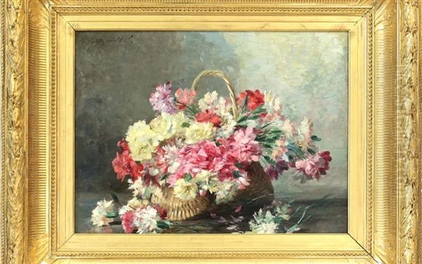 Flowers In A Straw Basket Oil Painting by Albert Tibule Furcy De Lavault