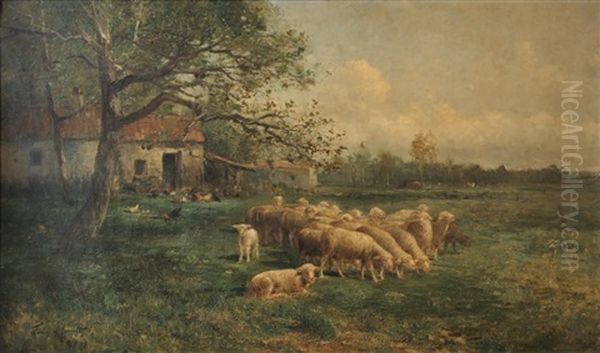 Moutons Pres De La Ferme Oil Painting by Albert Tibule Furcy De Lavault