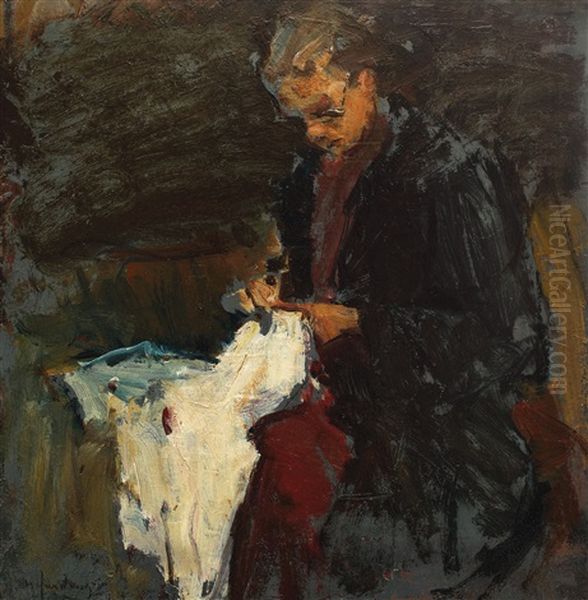 Mother Sewing Oil Painting by Nicolae Furduescu