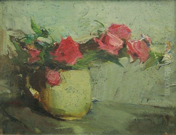 Pot Whit Roses Oil Painting by Nicolae Furduescu