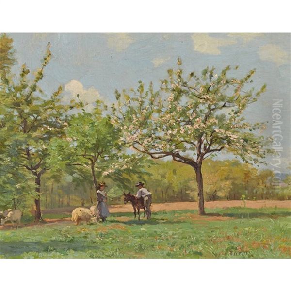 Wiese Mit Bluhendem Obstbaum Und Bauernpaar Oil Painting by Francois Furet