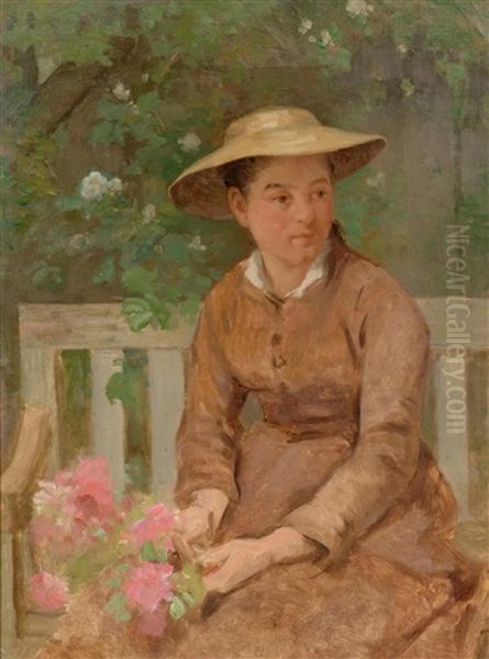 Young Lady On A Park Bench Oil Painting by Francois Furet