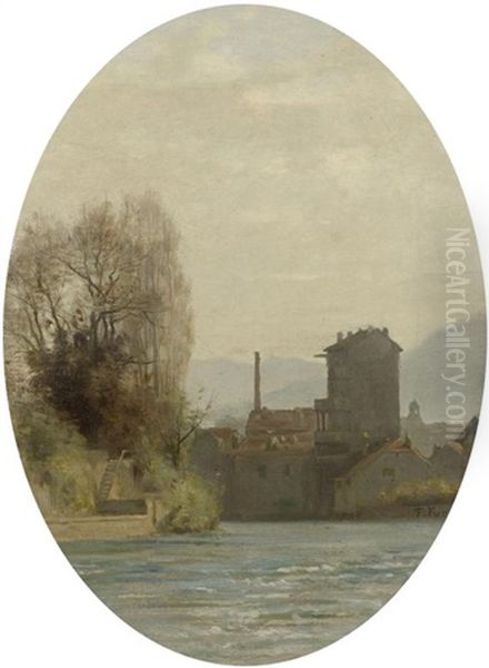 Flusslandschaft Mit Einer Stadt Im Hintergrund Oil Painting by Francois Furet