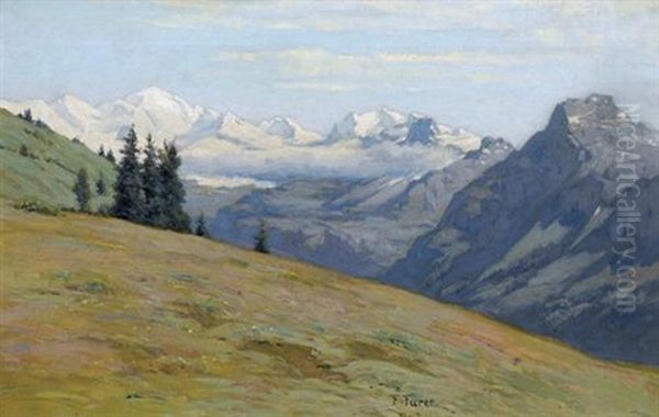 Gebirgspartie Mit Alpenkette Oil Painting by Francois Furet