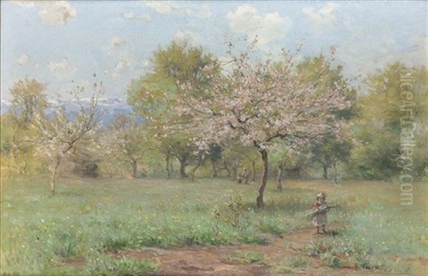 Kleines Madchen Unter Bluhenden Obstbaumen Oil Painting by Francois Furet