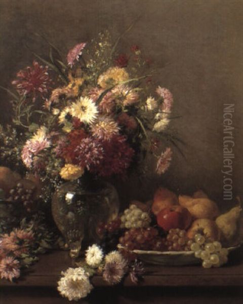 Chrysanthemums In A Vase And Bowl Of Fruit On A Table Oil Painting by Francois Furet