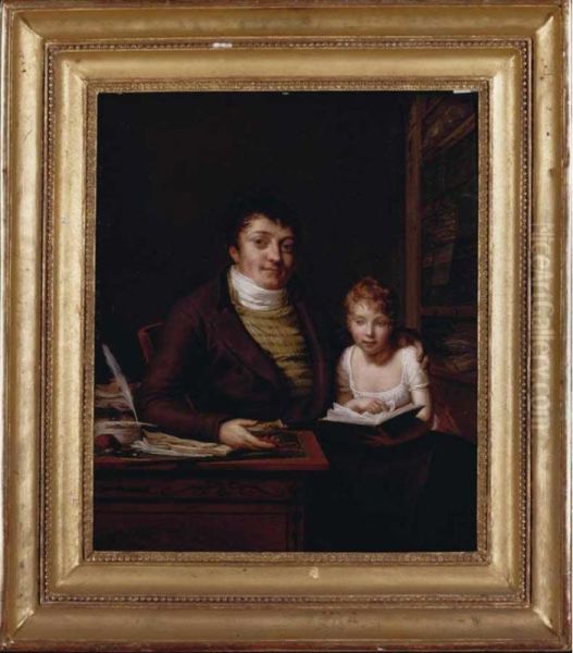 Portrait Of A Gentleman In His Study, His Daughter Reading On His Knee Oil Painting by Pauline Auzou