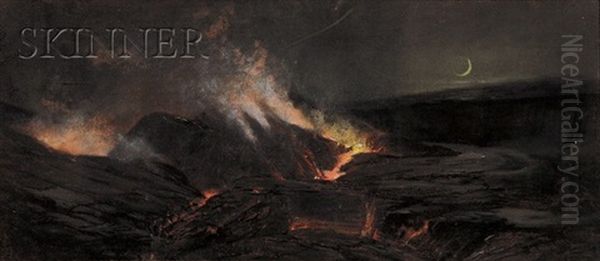 View Of A Volcanic Eruption, Probably Kilauea Caldera On Mauna Loa Oil Painting by Charles Furneaux