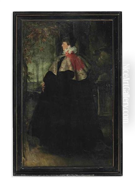 Portrait Of Mrs Ian Hamilton, Later Lady Hamilton, Standing Full-length, In A Black Worth Cloak With A Pink Collar, On A Terrace Oil Painting by Charles Wellington Furse