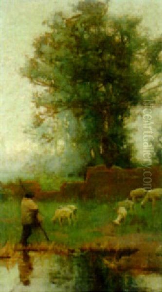 A Shepherd Watching His Flock At Dusk Oil Painting by Charles Wellington Furse