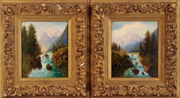 Bergfluss Mit Alpinem Hintergrund, Nadelwald Und Personenstaffage (+ Another, 2 Works) Oil Painting by Ludwig Fuerst