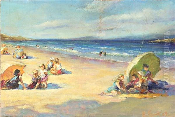 Beach Scene With Umbrellas And Children by Pierre Leonce Furst