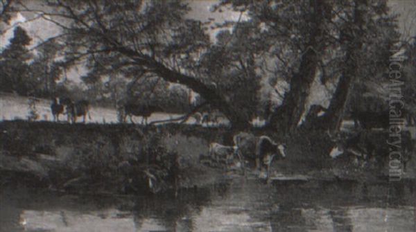 Cows By A Stream And Meadow Oil Painting by Charles Lewis Fussell