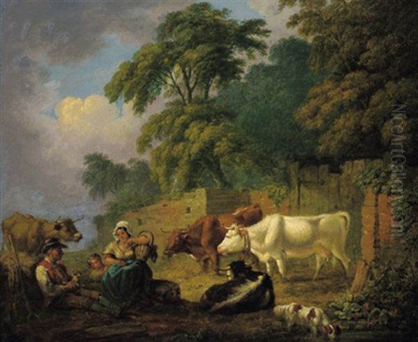 Landschaft Mit Einer Hirtenfamilie Und Kuhen Oil Painting by Joseph Fussell