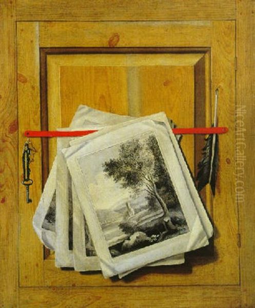 Trompe-l'oeil. An Einem Steckbrett Funf Kupferstiche Und Eine Schreibfeder Oil Painting by Johann Kaspar Fuessli