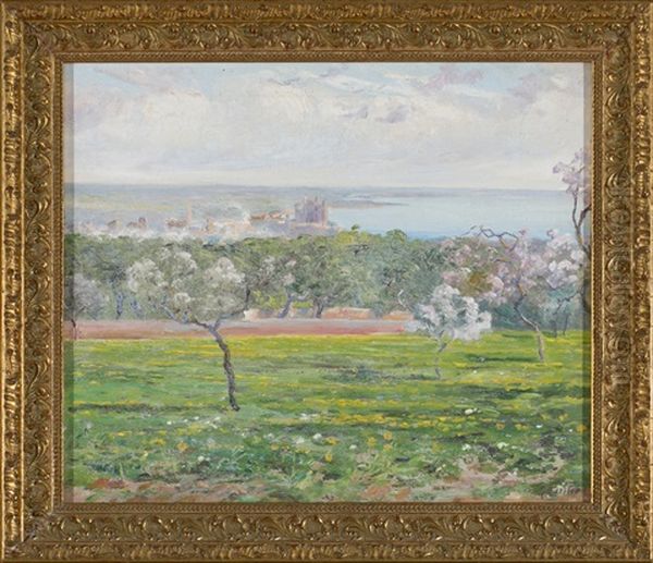 Vista De Palma De Mallorca Con Almendros En Flor Oil Painting by Joan Fuster Bonnin