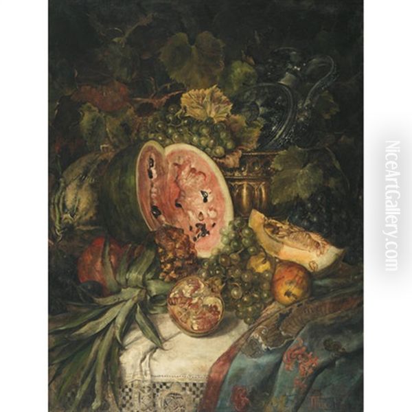 Still Life Of Watermelon, Grapes, Pomegrantes, Pineapple And Brass On A Lace Covered Ledge Oil Painting by Josef Fux