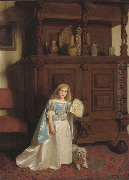 Portrait Of A Girl, Holding A Fan, A Dog By Her Side Oil Painting by William Baxter Collier Fyfe