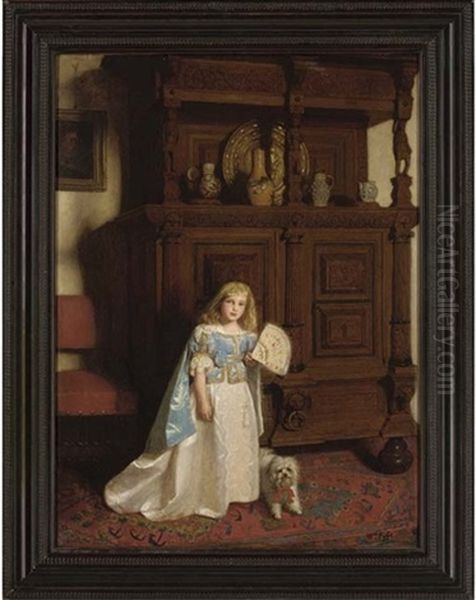 Portrait Of A Girl Holding A Fan, A Dog By Her Side Oil Painting by William Baxter Collier Fyfe