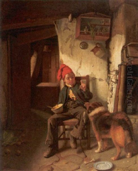 Genreszene. Bauernknabe Ermahnt Bettelnden Hund Oil Painting by William Baxter Collier Fyfe