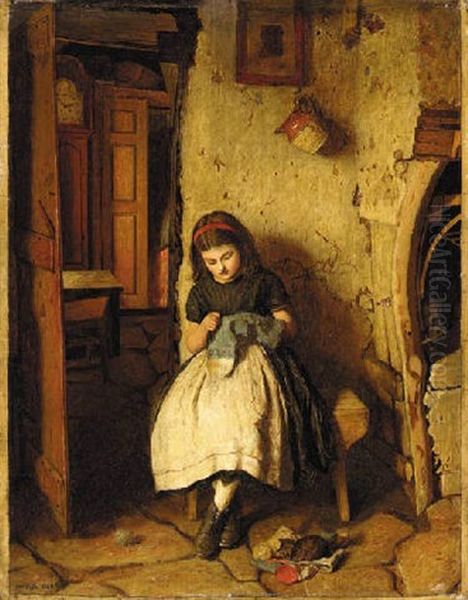 Mending Father's Socks Oil Painting by William Baxter Collier Fyfe