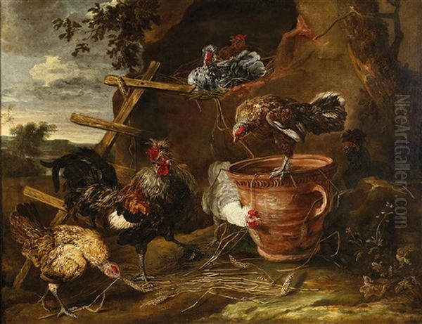 Hens And A Cockerel In A Yard Oil Painting by Jan Fyt