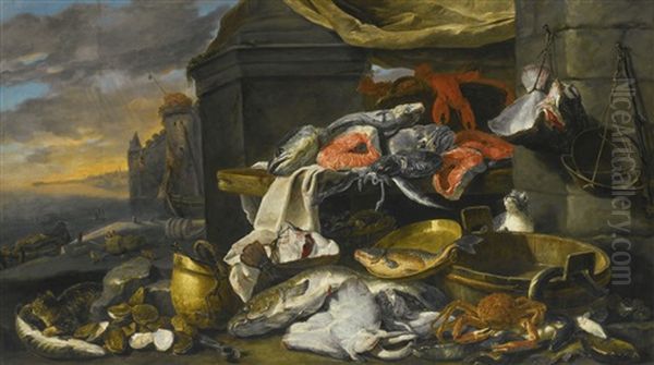 Fish, Oysters, A Crab And A Lobster With Cats, A Tub, A Copper Dish And Bucket And Baskets At The Foot Of A Draped Column, A Quay And A Castle By The Sea Beyond Oil Painting by Jan Fyt