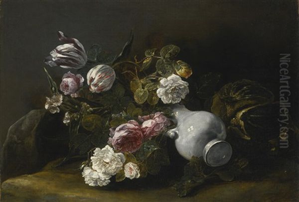 Still Life Of Flowers And An Overturned Jug Oil Painting by Jan Fyt