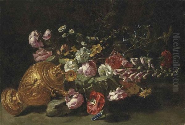 Foxgloves, Roses, Chrysanthemums And Other Flowers In An Upturned Bronze Urn, On A Stone Ledge Oil Painting by Jan Fyt