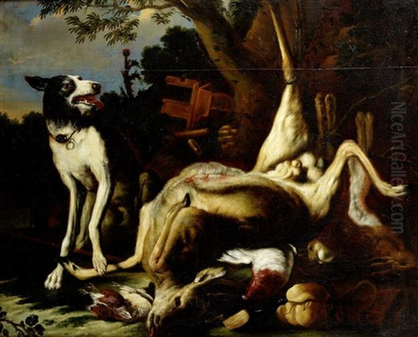 A Dog Seated Beside A Dead Deer And Hunting Paraphernalia Oil Painting by Jan Fyt