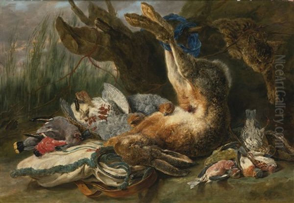 Gamepiece With A Hare And Various Wild Birds, A Cat Approaching From The Right Oil Painting by Jan Fyt