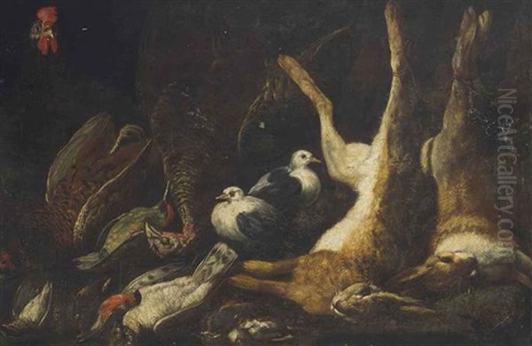 Dead Hares, Pheasants, Ducks And Birds, With A Rooster And Pigeons Oil Painting by Jan Fyt