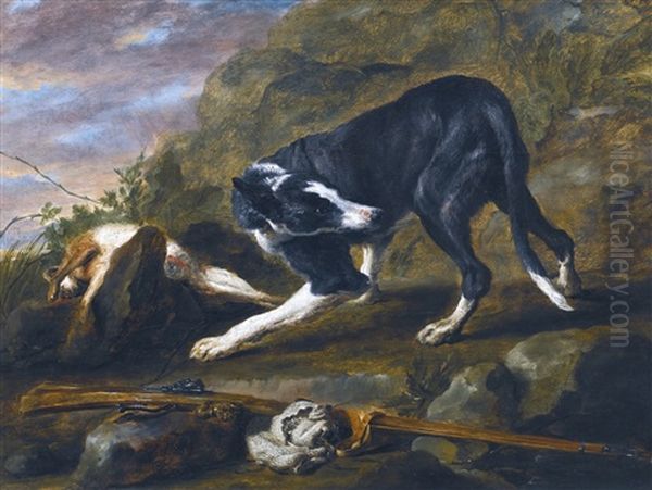 A Hound With A Rabbit And A Musket In A Landscape Oil Painting by Jan Fyt