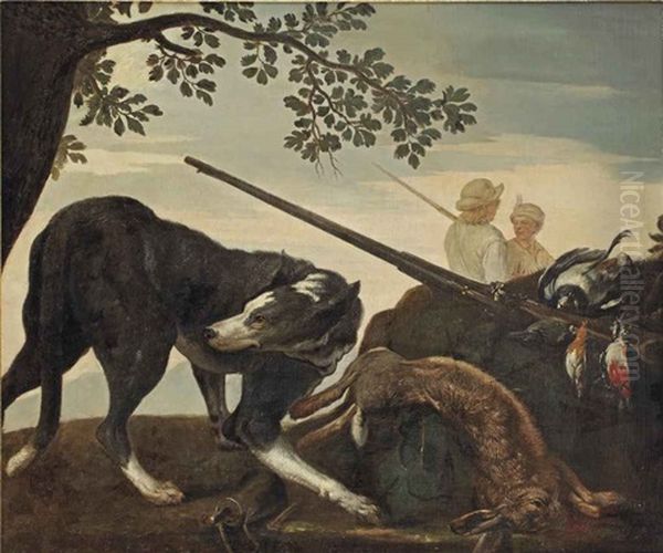 A Wooded Landscape With A Rabbit, A Woodpecker, Other Birds And A Shotgun Guarded By A Hound, Two Hunters Beyond Oil Painting by Jan Fyt