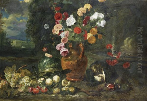 Roses, Hollyhocks, Marigolds And Other Flowers In A Terracotta Vase With Grapes, Plums, Peaches And A Split Melon Before An Open Landscape Oil Painting by Jan Fyt