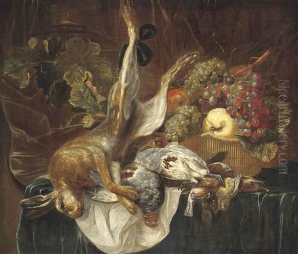 A Hare, Partridges And Songbirds On A Draped Table With Grapes, A Quince And A Peach In A Woven Basket Oil Painting by Jan Fyt