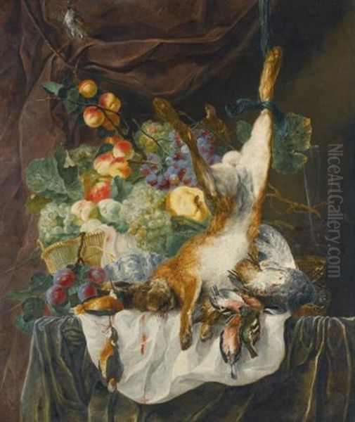 Still Life Of A Hare, Game And Songbirds Before A Still Life Of Fruit In A Basket, All Upon A Ledge Draped With A Green And White Cloth, With Glassware Oil Painting by Jan Fyt