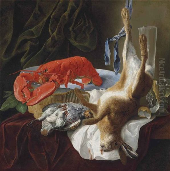 A Hare, A Partridge, A Lobster And A Partially Peeled Lemon In A Roemer On A Partly Draped Table, In An Interior Oil Painting by Jan Fyt